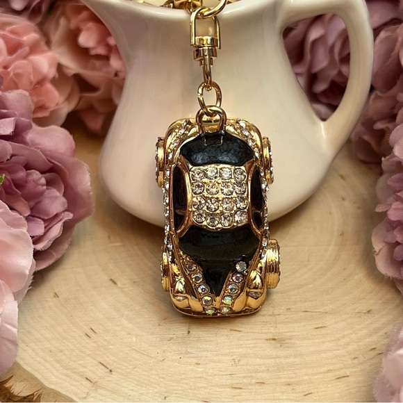 Retro Black and Gold Crystal Coupe Car Keychain Charm - Picture 12 of 16